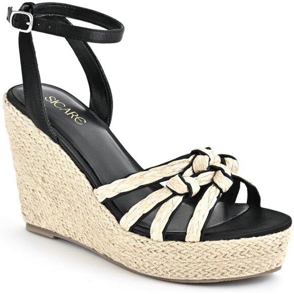 Sicare Open Toe Wedge Raffia Black Women Espadrilles Braided Strappy Sandal - Picture 3 of 10